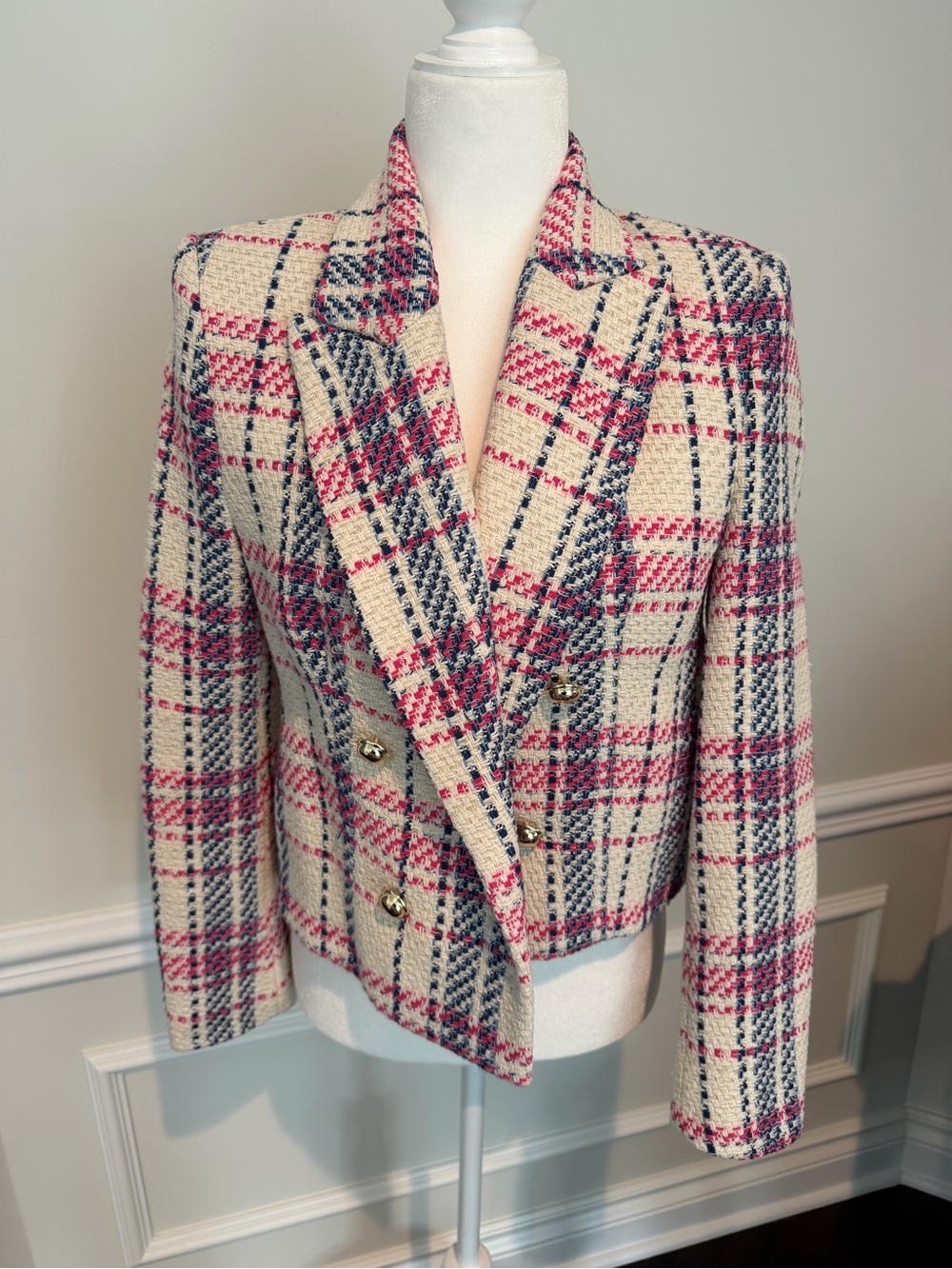 Zara Cream Plaid Tweed Double-Breasted Blazer with Pink & Navy